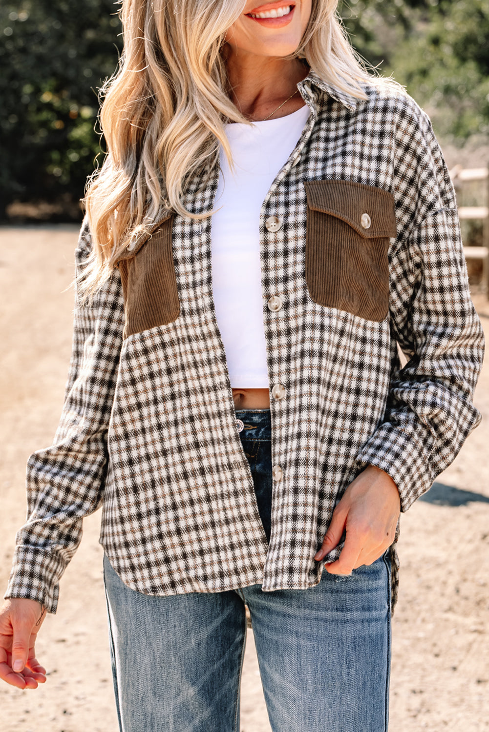 Casual Corduroy Shacket Patchwork Plaid With Flap Pockets Dear-Lover Dropshipping